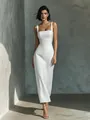 Elegant white slim-fit sleeveless square neck midi dress for women summer style - XS / Dresses / White