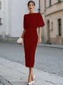 Elegant burgundy midi dress with medium sleeves and white accessories in street scene - XS / Dresses / Burgundy