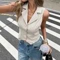 Stylish beige striped V-neck sleeveless button-down slim fit waistcoat for women - S / Tops / Off White
