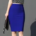 Close-up view of a royal blue high waist bodycon bandage skirt with elastic knit texture - S / Bottoms / Blue