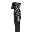 Detailed view of black bandage evening dress featuring coral-patterned rhinestone embellishments - S / Dresses / Black