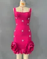 Detailed view of fuchsia bandage dress with crystal flowers and 3D rose ruffles. - S / Dresses / Rose Red