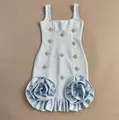 Detail view of light blue bandage dress with rhinestone clusters and large satin rose ruffles - S / Dresses / Sky Blue