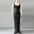 Macro view of black bandage maxi dress showing high-waisted slimming fit and striped texture - S / Dresses / Black (3428)