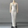 Front view of silver bandage maxi dress on mannequin showing bodycon fit - S / Dresses / Silver (3428)