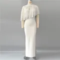 Elegant white bandage evening dress featuring a sheer rhinestone embellished capelet - S / Dresses / White