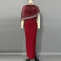 Elegant red bandage evening dress featuring a stunning shimmering rhinestone cape - S / Dresses / Burgundy