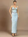 Elegant light blue bandage maxi dress with sparkling rhinestones for formal evening gala events. - S / Dresses / Sky Blue