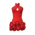 Elegant red bandage mini dress featuring cross halter neck and 3D fabric rose hem - S / Dresses / Red