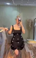 Sexy black bodycon bandage mini dress with crystal flowers and ruffled hem for party - S / Dresses / Black