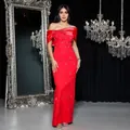 Elegant red off-shoulder bandage evening gown featuring sparkling rhinestone accents - S / Dresses / Red