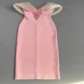Elegant pink bandage dress with intricate beaded neckline and bodycon fit for parties. - S / Pink
