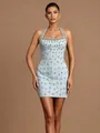 Elegant light blue halter neck bandage mini dress with silver rhinestone embellishments - S / Dresses / Sky Blue