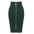 Sophisticated dark green high waist bodycon bandage skirt with a full gold front zipper - Dark Green