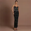 Elegant black bandage maxi dress with emerald green rhinestone beading and spaghetti straps - S / Dresses / Black