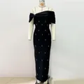 Elegant black off-the-shoulder bandage dress with rhinestone embellishments - S / Dresses / Black