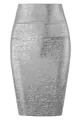 Macro view showing the metallic texture of a silver high-waisted bodycon bandage skirt - S / Bottoms / Silver