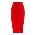 Detailed view of a red high-waisted bandage skirt showing the textured stripe pattern. - S / Bottoms / Red