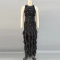 Elegant retro black bandage dress featuring 3D floral appliques and a ruffled mermaid hem - S / Dresses / Black