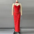 Elegante vestido de noche bandage rojo largo con lujosos adornos de pedrería de colores - S / Rojo