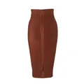 Elegant rust brown high waisted bandage midi skirt featuring a central front zipper and slit - S / Bottoms / Tan
