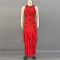 Elegant vintage red floral bandage dress with 3D flower appliques and layered ruffled hem - S / Dresses / Red