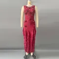 Elegant burgundy bandage evening dress with 3D floral appliqués and ruffled hem - S / Dresses / Burgundy