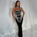 Elegant black strapless evening gown with intricate rhinestone patterns and a slim fit - S / Dresses / Black