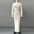 Close-up detail of the intricate silver rhinestone branch pattern on a white bandage dress - S / Dress (3339) / White