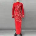 Red long-sleeve bandage maxi dress featuring elegant silver crystal branch embroidery. - S / Dress (3339) / Red