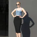 Elegant black high-waisted bandage midi pencil skirt for a slimming feminine silhouette - S / Bottoms / Black