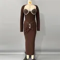 Elegant brown long sleeve bandage dress with heavy rhinestone bust and waist detail - S / Dresses / Dark Brown