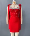 Robe bandage rouge moulante avec encolure en strass et nœuds élégants aux épaules - S / Robes / Rouge