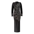 Elegant black long sleeve bandage maxi dress with intricate crystal branch embroidery. - S / Dress (3339) / Black
