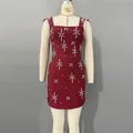 Elegant wine red bandage dress detail with hand-set snowflake rhinestone patterns - S / Dresses / Burgundy