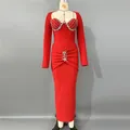 Elegant red long sleeve bandage dress featuring sparkling hand-sewn rhinestone embellishments - S / Dresses / Red