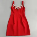 Elegant red bandage mini dress with sparkling rhinestone neckline for evening parties - S / Dresses / Red