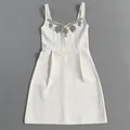 Elegant white bandage mini dress with sparkling rhinestone neckline embellishment. - S / Dresses / White