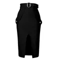 Elegant black high-waisted bandage midi skirt with front slit and metal buckle belt - Black