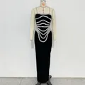 Elegant black bodycon bandage maxi dress with luxury rhinestones and strapless design - S / Dresses / Black