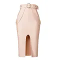 Elegant high waisted apricot bandage bodycon skirt with decorative belt and front slit - S / Bottoms / Apricot