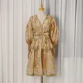 Elegant French palace style V-neck puff sleeve floral midi dress with intricate lace trim - S / Dresses / Yellow