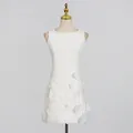 French style white sleeveless mini dress featuring delicate 3D embroidered floral appliques - S / Dresses / White