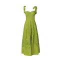 Detailed view of the vibrant green embroidered floral pattern on a tie-strap midi dress. - S / Dresses / Green