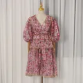 Elegant French style V-neck floral puff sleeve midi dress featuring gold lace trim - S / Dresses / Red