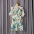 Elegant French style V-neck puff sleeve floral print midi dress featuring lace patchwork - S / Dresses / Blue