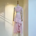 Elegant pink floral lace two-piece set with ruffled asymmetric skirt and top - S / Top And Bottom / Pink