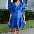 Blue French-style V-neck mini dress featuring elegant ruffles and eyelet embroidery details - L / Dresses / Blue