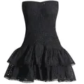 Elegant black strapless mini dress with smocked bodice and eyelet embroidery ruffle hem - M / Dresses / Black