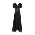 Elegant black V-neck pleated maxi dress with sparkling rhinestone waist detailing on satin - M / Dresses / Black